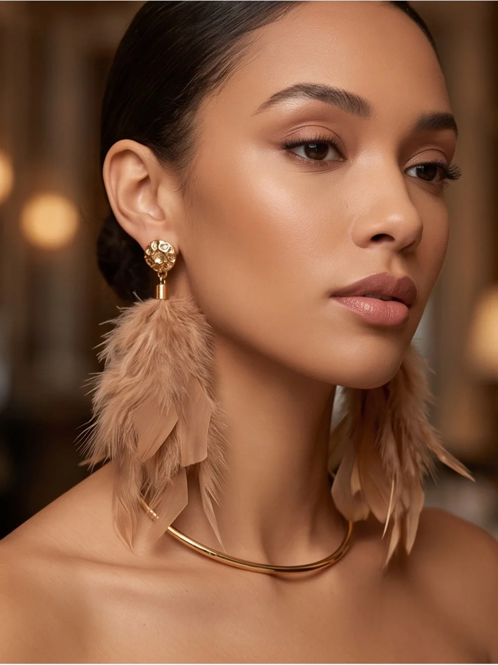 Gold-Tone Feather Drop Earrings - Tan Feathers